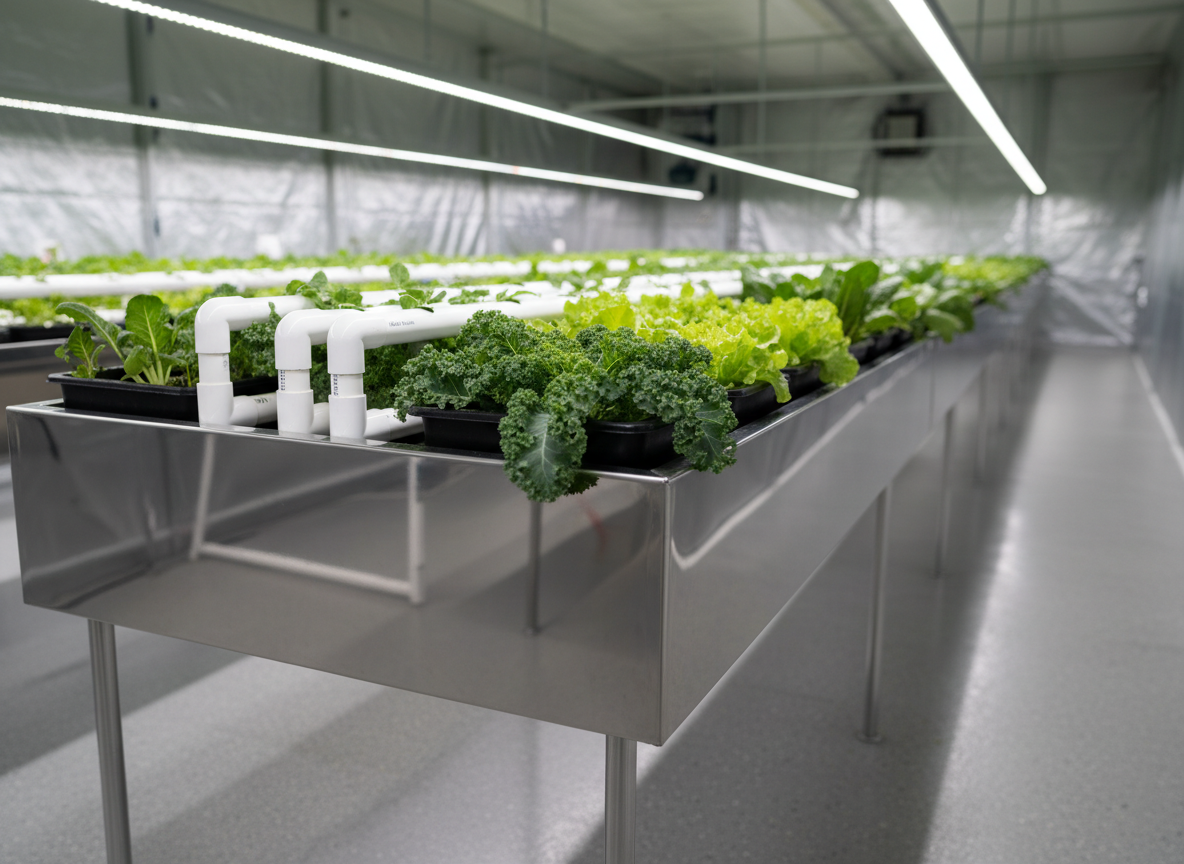 A polished stainless steel hydroponic reservoir system with crisp white tubing and neatly organized black grow trays filled with vibrant leafy greens at mid-growth. The system rests on a clean, light gray epoxy floor inside a modern cultivation facility, with rows of reflective mylar walls receding softly into the background. Cool, evenly distributed LED grow lights above cast bright, neutral illumination, creating subtle reflections on the metal surfaces and healthy sheen on the plant leaves. Photographed at eye level with a slightly wide angle and shallow depth of field, the foreground details are tack sharp while the rear rows blur into a soft bokeh. The atmosphere is professional, precise, and efficient, emphasizing photographic realism and a clean, modern agricultural aesthetic.